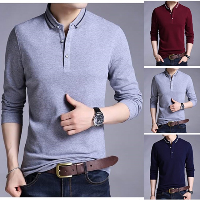 Áo thun nam tay dài cổ viền sọc cao cấp size M L XL