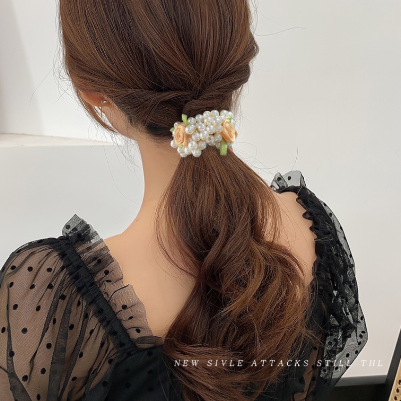 Dây Buộc Tóc Cao Su Bọc Da Đính Hoa Ngọc Trai Phong Cách Hàn Quốc Đơn Giản Cho Nữ