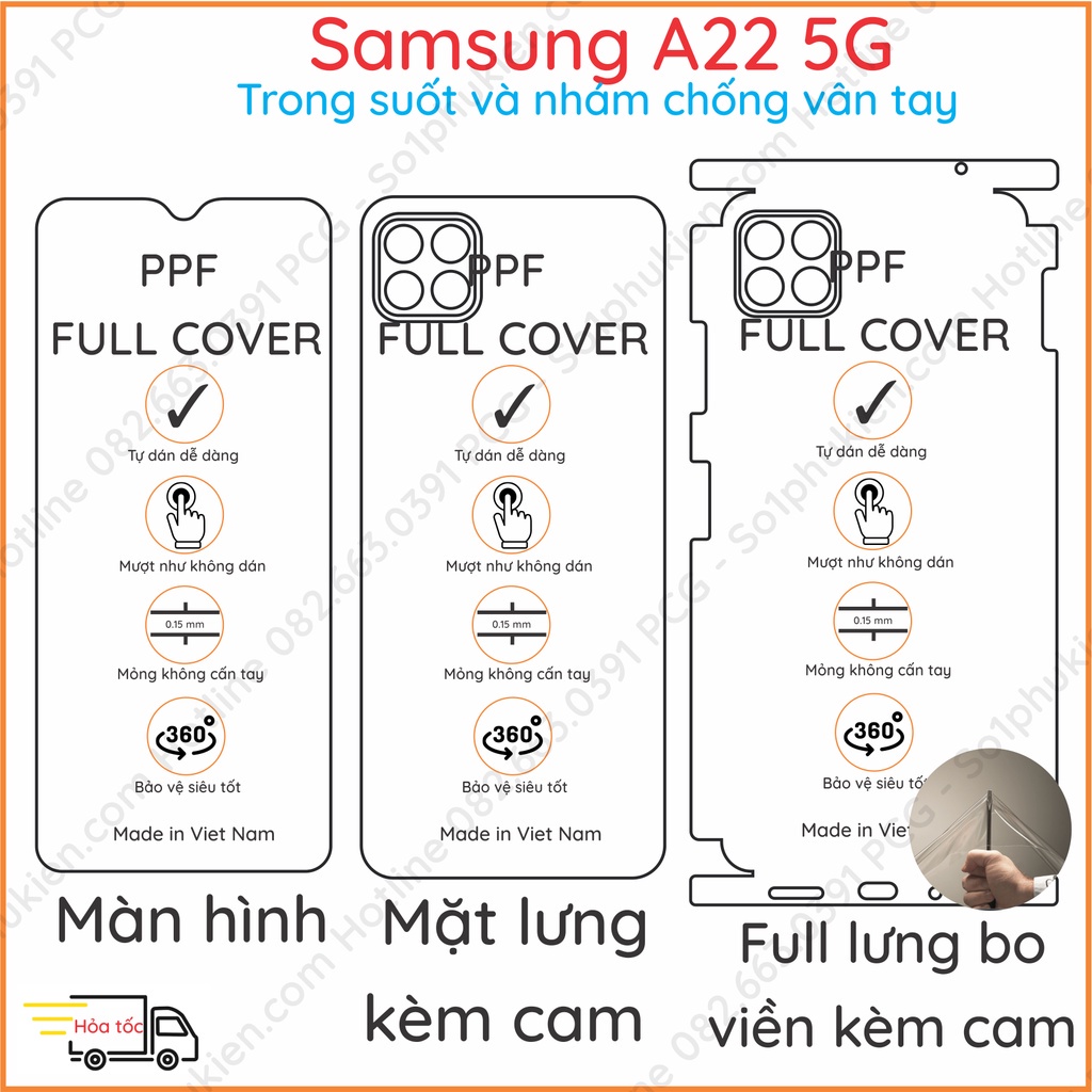 Dán PPF Samsung A22 5G loại trong, nhám, da cá sấu dành cho màn hình, mặt lưng, full body lưng viền