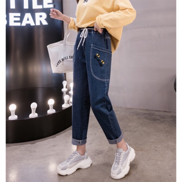 Quần jean baggy big size dài lưng thun màu đen, xanh size đại 70-100kg