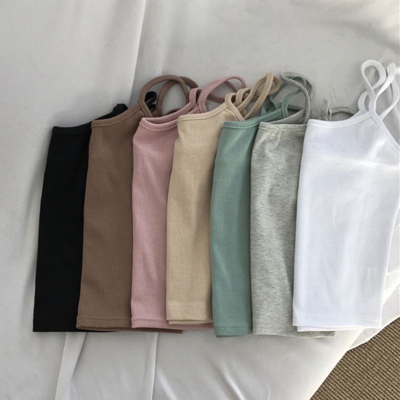 Áo Hai Dây Dệt Kim Cổ Chữ U Màu Sắc Ngọt Ngào Phong Cách Hàn Quốc Cho Nữ