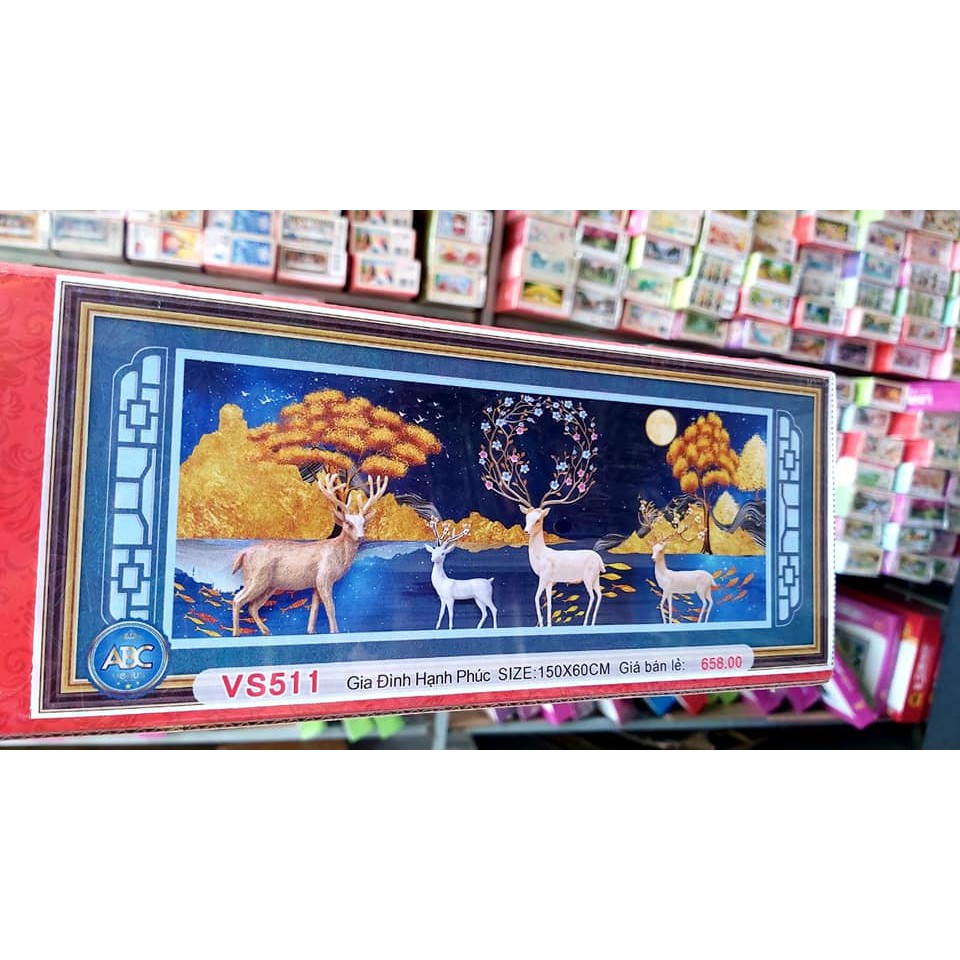 Tranh đính đá Hươu nai phát tài, KT : 120x50cm, 150x60cm , tranh chưa gắn đá