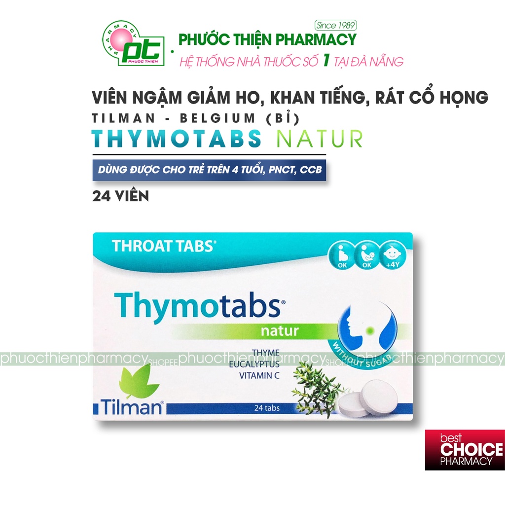 Viên ngậm ho thảo dược giúp giảm ho, viêm họng từ Bỉ ThymoTabs Nature 24 Viên - dùng cho bà bầu, người lớn, trẻ em