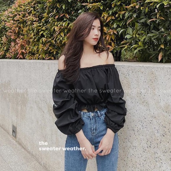 [deal] ÁO TRỄ VAI CROPTOP NỮ TÍNH KIỂU DÁNG ÁO CROPTOP TRỄ VAI KẺ CARO TAY BỒNG - ÁO CROPTOP DÀI TAY HOT 2021