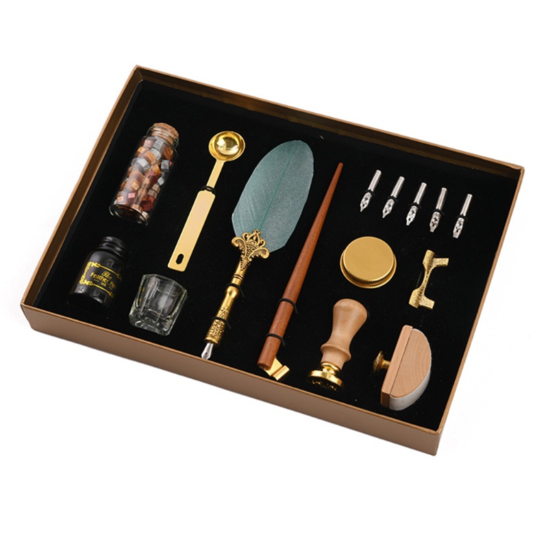 Hộp Đựng Bút Thư Pháp Hình Lông Vũ Cổ Điển Kèm Ngòi Sáp Và Giá Đỡ Con Dấu Niêm Phong Dành Cho Trường Học