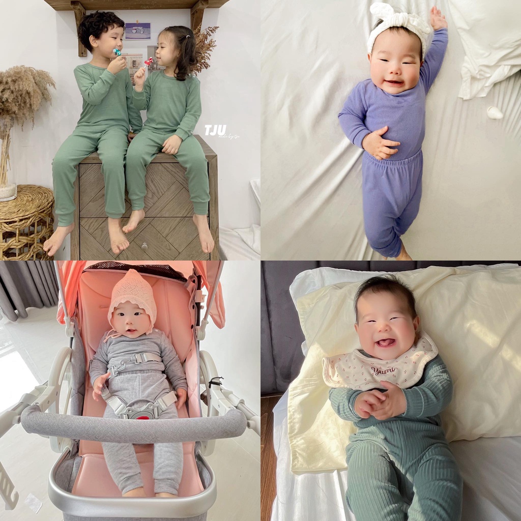 {Dài tay} Set bộ áo quần trẻ em chất thun gân màu trầm cho bé trai bé gái, 3 tháng - 5 tuổi (tiny bibi) TJU Kids