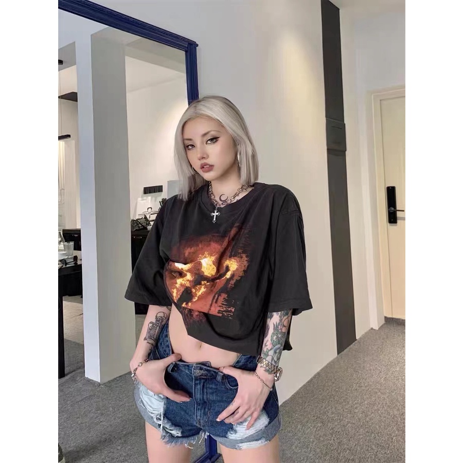 Rammstein German chariot metal band retro flame old short-sleeved VTG high street loose casual T-shirt