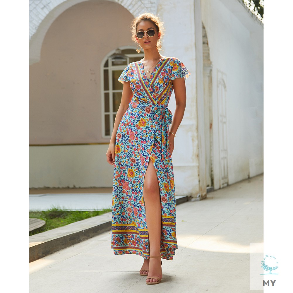 Đầm Dài Tay Ngắn Cổ Chữ V In Họa Tiết Hoa Phong Cách Boho Thời Trang Cho Nữ | BigBuy360 - bigbuy360.vn