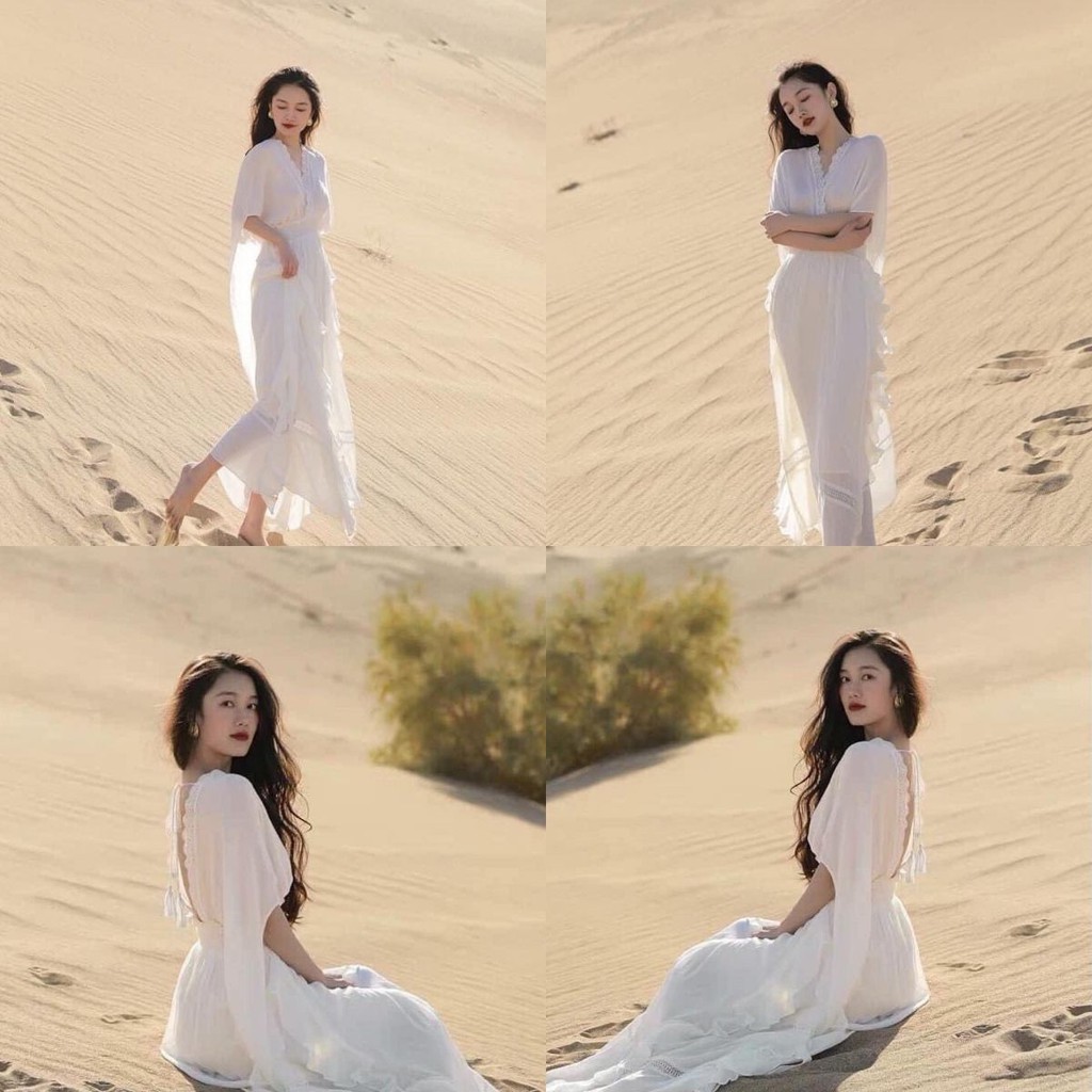 Đầm váy maxi trắng phối bèo sẻ tà nhúm eo dáng dài công chúa hở lưng đi biển chgupj hình kỉ yếu nàng thơ Hà Kiều MSP054