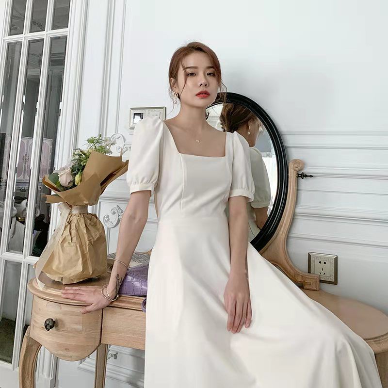 Đầm Tay Phồng Cổ Vuông Màu Trắng Phong Cách Retro Pháp Cho Nữ