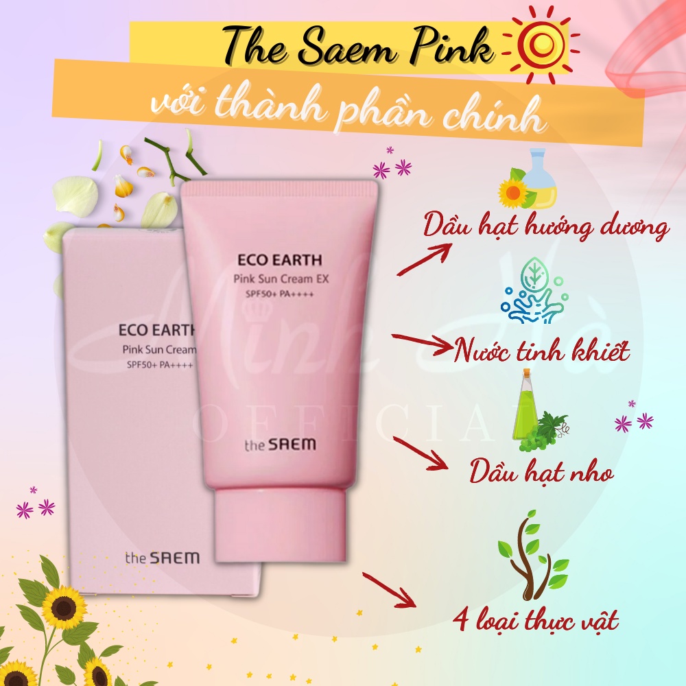 Kem chống nắng The Saem Eco Earth Pink Sun Cream SPF50+ 50g - MINH HÀ official