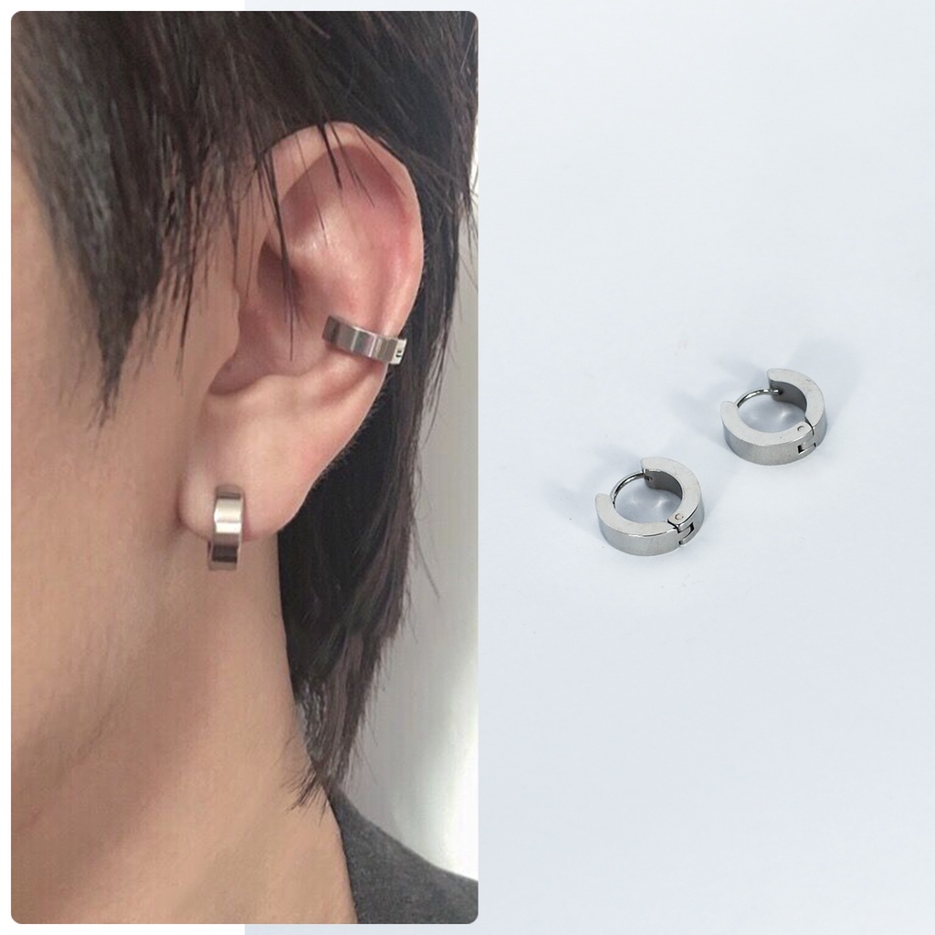 Khuyên tai nam nữ tròn Thép Titan Không Gỉ Phối Đá Nhân Tạo