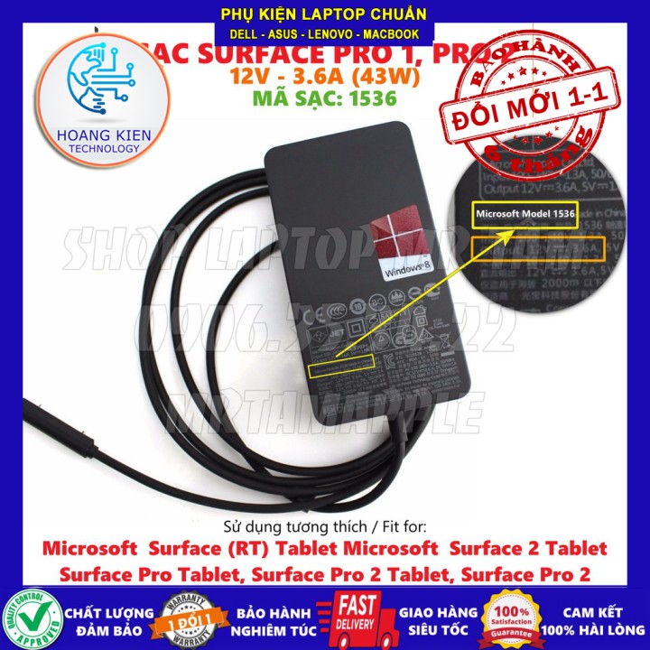 [Loại Tốt] SẠC SURFACE PRO 1 2 - 12V - 3.6A (43W) (SẠC ZIN) - mã sạc 1514 1536 1601 1631