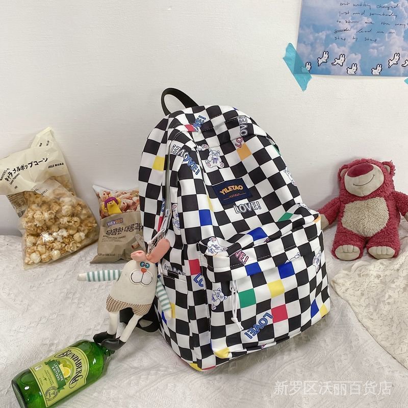 Korean style schoolbag female student large capacity ins Mori all-match checkerboard Plaid backpack high school junior high school student backpack XwMP