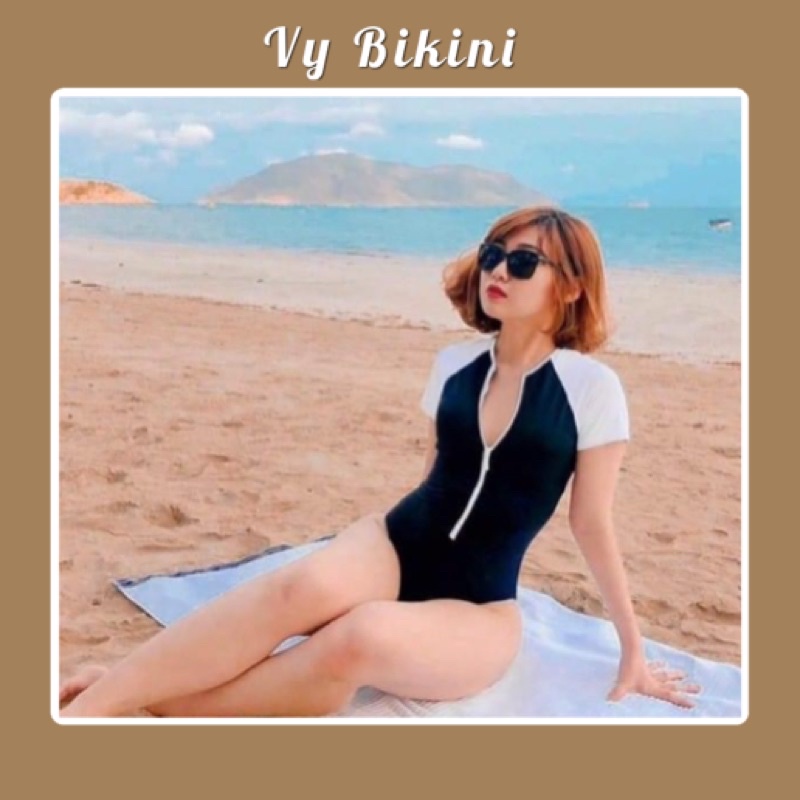 Bikini đồ bơi, đồ đi biển đen phối trắng ngắn tay MD01