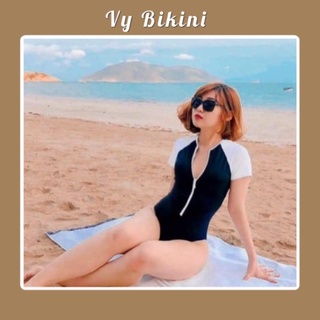 Bikini đồ bơi, đồ đi biển đen phối trắng ngắn tay MD01