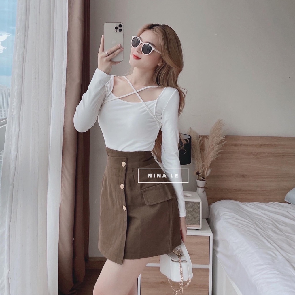 Set chân váy dài tay cổ bozip dài tay nắp túi BN125