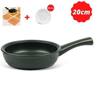[Tặng ngay đĩa trắng sứ 20 cm +  đế lót gỗ ]Chảo dưỡng sinh Minh Long có tay cầm 20 cm - HealthyCook - Xanh rêu