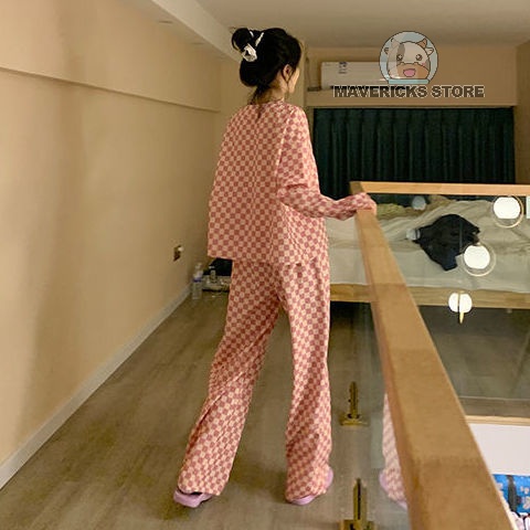 Bộ đồ ngủ pijama dài tay họa tiết kẻ caro trắng đỏ thời trang mùa thu mới thoải mái cho nữ