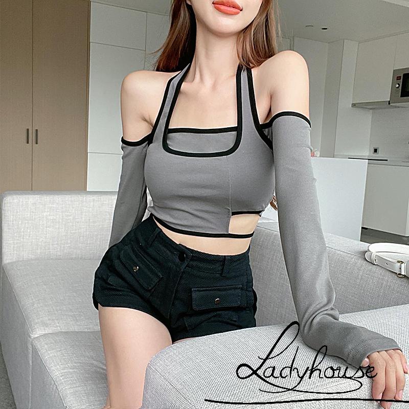 Áo Thun Croptop Giả Hai Mảnh Tay Dài Hở Vai Màu Xám/Đen Thời Trang Xuân Hè Dành Cho Nữ