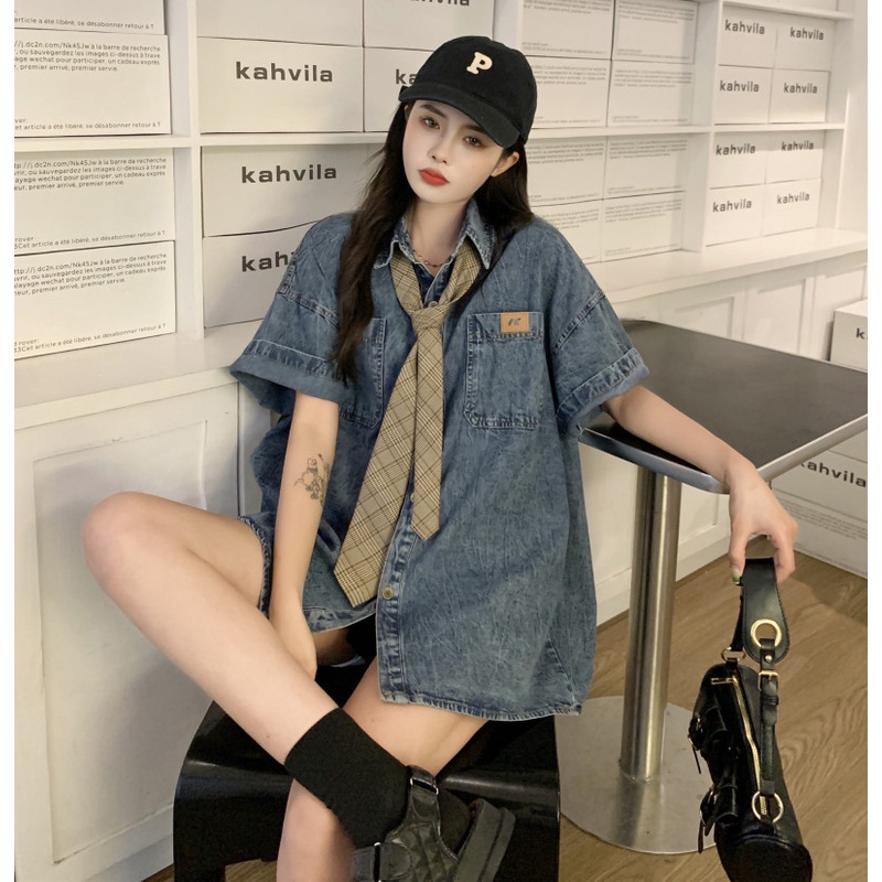 Áo Sơ Mi Denim Tay Ngắn Dáng Rộng Phối Túi Thời Trang Mùa Hè Cho Nữ