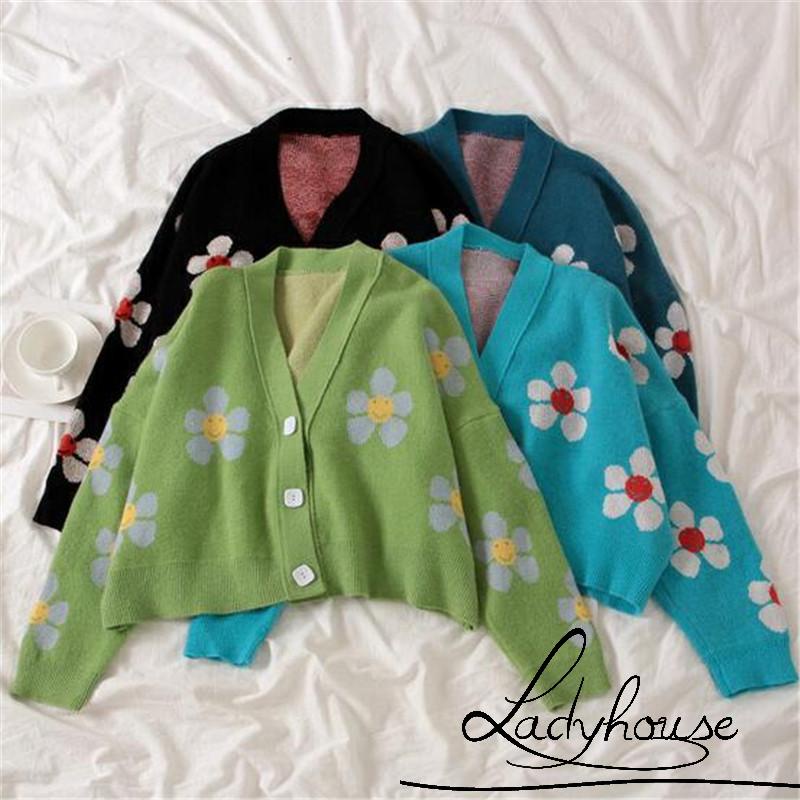 Áo khoác cardigan dệt kim tay dài cổ chữ V dáng rộng in họa tiết hoa phối nút cho nữ