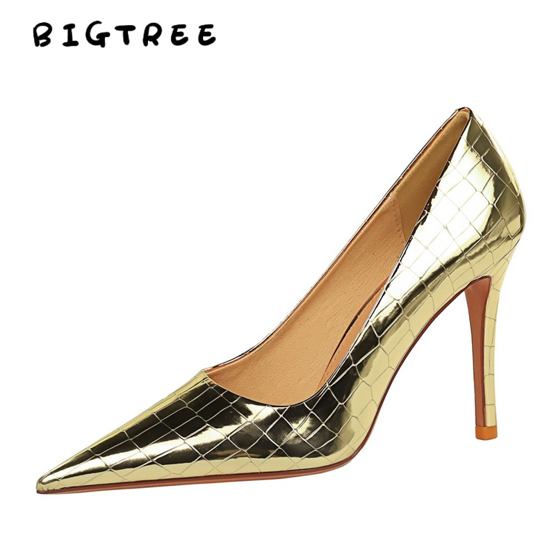 BIGTREE Chính Hãng Giày Cao Gót 10.5cm Mall-9611-7 Mũi Nhọn Miệng Nông Họa Tiết Vân Đá Bằng Kim Loại Phong Cách Retro Quyến Rũ Cho Nữ