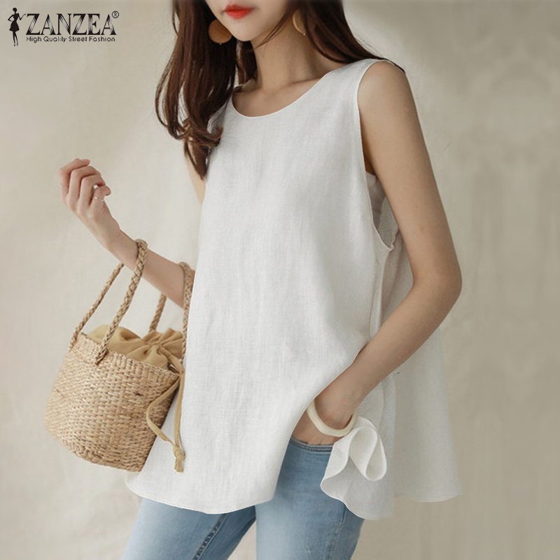 Áo Kiểu ZANZEA Cổ Tròn Màu Trơn Không Tay Có Thắt Lưng Cho Nữ Mặc Thường Ngày
