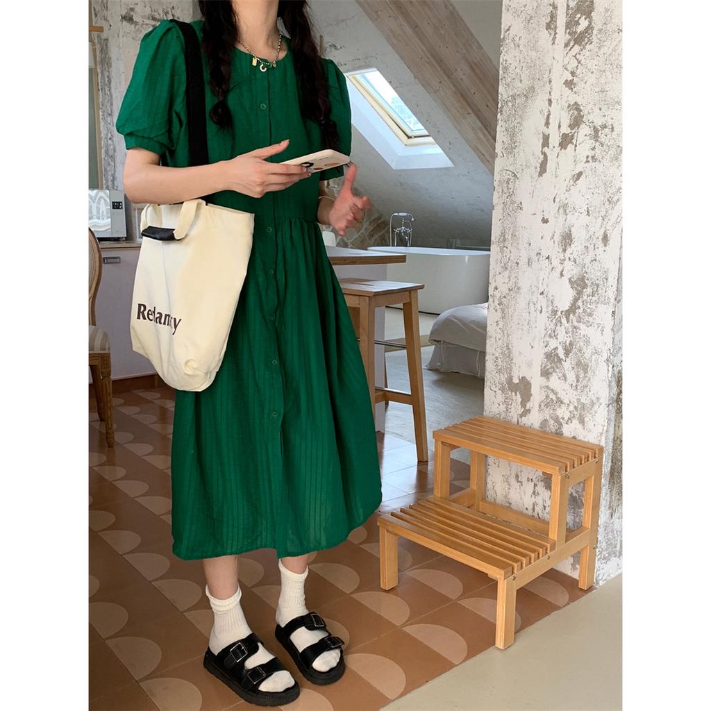 𝗺𝗶𝗲 𝘀𝘁𝘂𝗱𝗶𝗼 - Đầm xanh đậm tay ngắn dáng babydoll cổ tròn dáng freesize