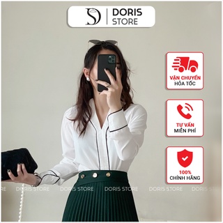 Áo sơ mi chéo thái trắng viền đen doris a1750