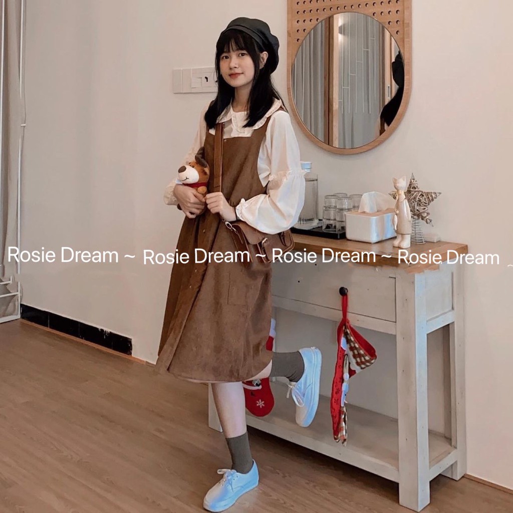 Yếm nhung nâu dáng suông, Set yếm nhung nâu TẶNG KÈM áo voan tơ - Rosie Dream