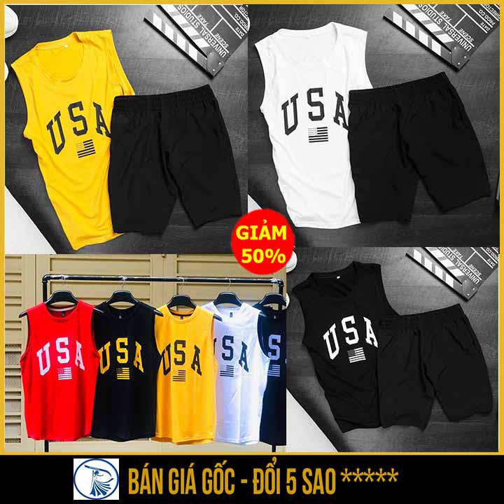 Đồ nam sát nách ⚡️Siêu Phẩm⚡️ Set Bộ Thể Thao Quần Áo Ba lổ USA mặc nhà Tập Gym VẢI LƯỚI MÈ