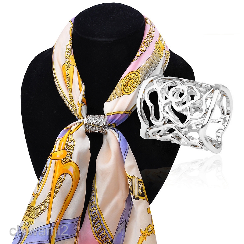 2pcs Women Elegant Hollow Rose Pattern Scarf Ring Clip Slide Buckle Jewelry