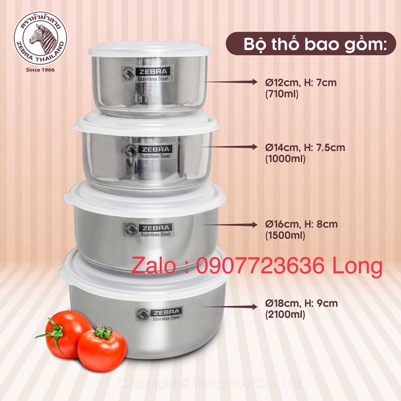 Bộ 4 thố Inox 304 nắp Silicone Zebra 12 -14-16-18cm - No: 184106 hàng nhập khẩu Thái Lan