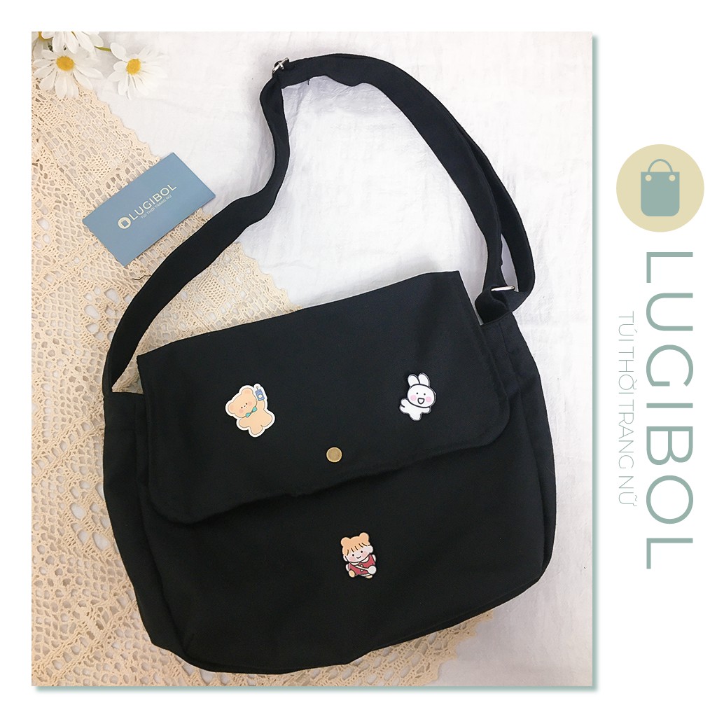 Túi tote vải canvas đeo chéo basic unisex thời trang ulzzang LUGIBOL LG01 - KÈM 3 GHIM TÚI