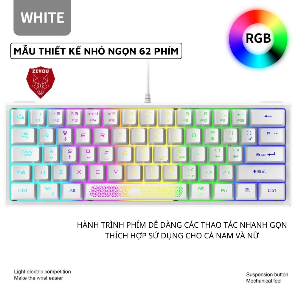 Bàn Phím LED RGB Ziyou K61 Thiết Kế Nhỏ Gọn, 10 Chế Độ LED Cực Đẹp, Tương Thích Với Các Dòng Máy Tính, Laptop, pc