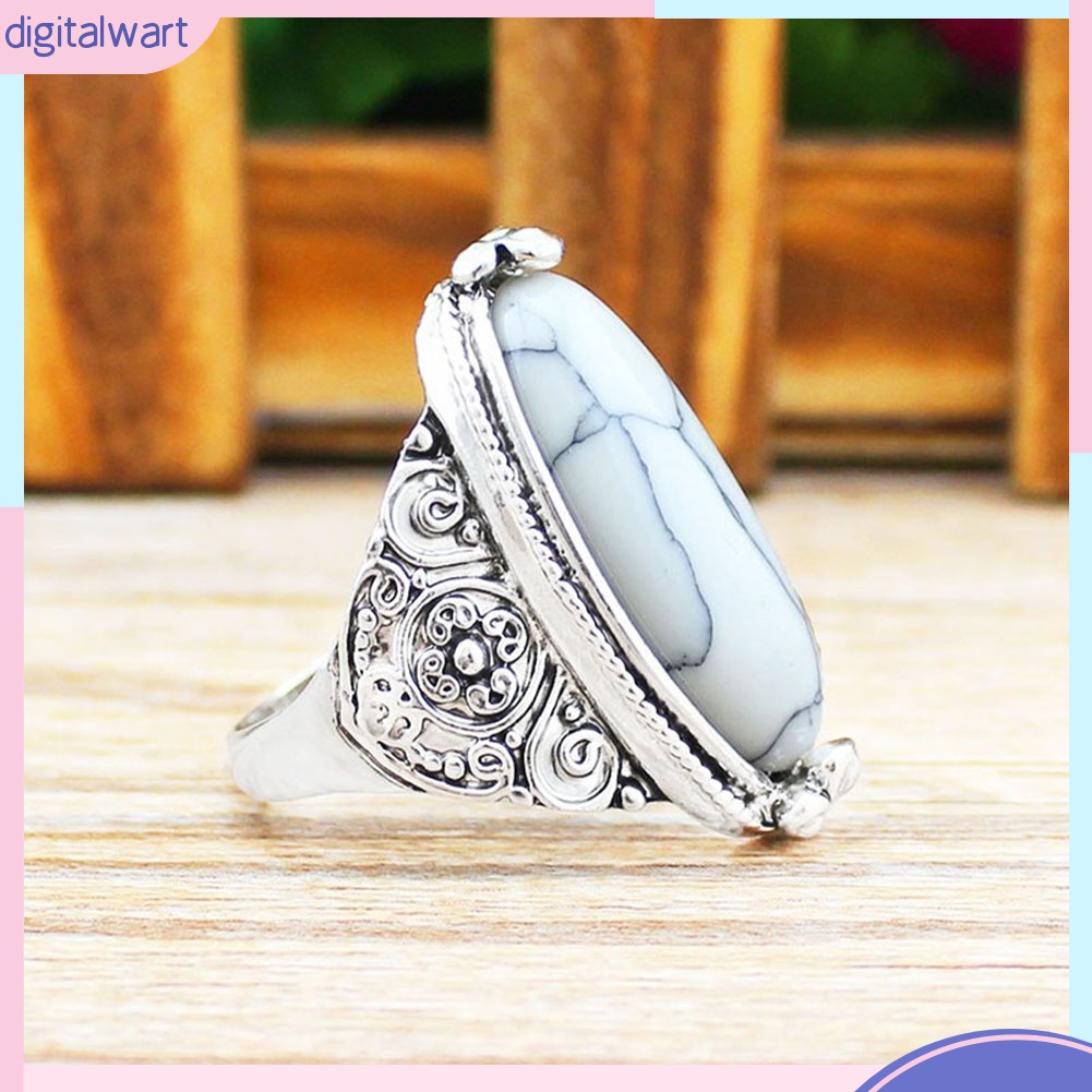 Nhẫn Mạ Bạc Chạm Khắc Đính Đá Ngọc Lam Hình Oval Phong Cách Boho Cổ Điển