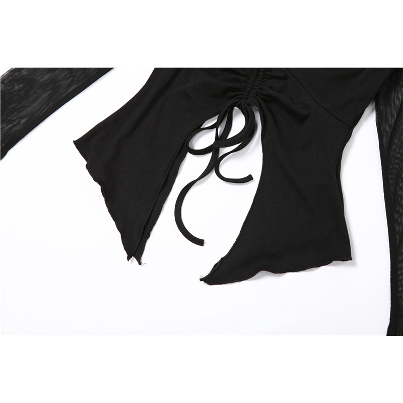 Áo Kiểu Tay Dài Phối Lưới Thiết Kế Dây Đan Chéo Quyến Rũ