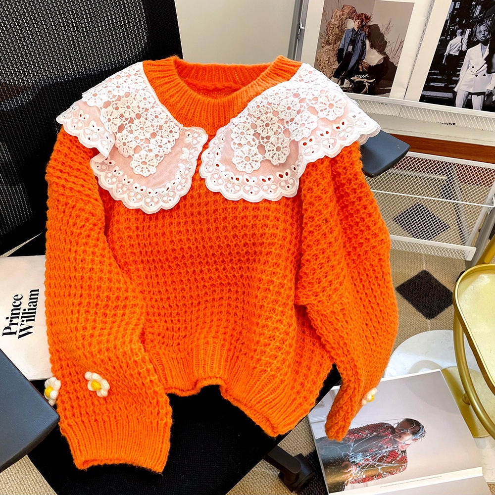 Áo sweater Cổ Búp Bê Phối Ren Rỗng Thiết Kế Thanh Lịch Cho Nữ