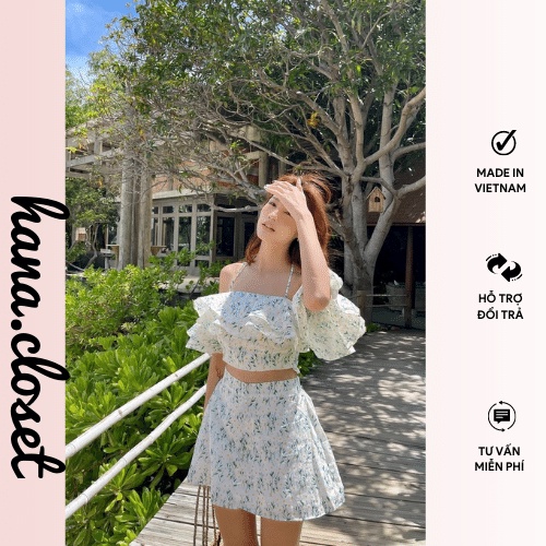 Áo croptop hoa bèo dây yếm kèm chân váy chữ a set đồ nữ đi chơi du lịch