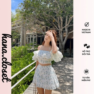 Áo croptop hoa bèo dây yếm kèm chân váy chữ a set đồ nữ đi chơi du lịch