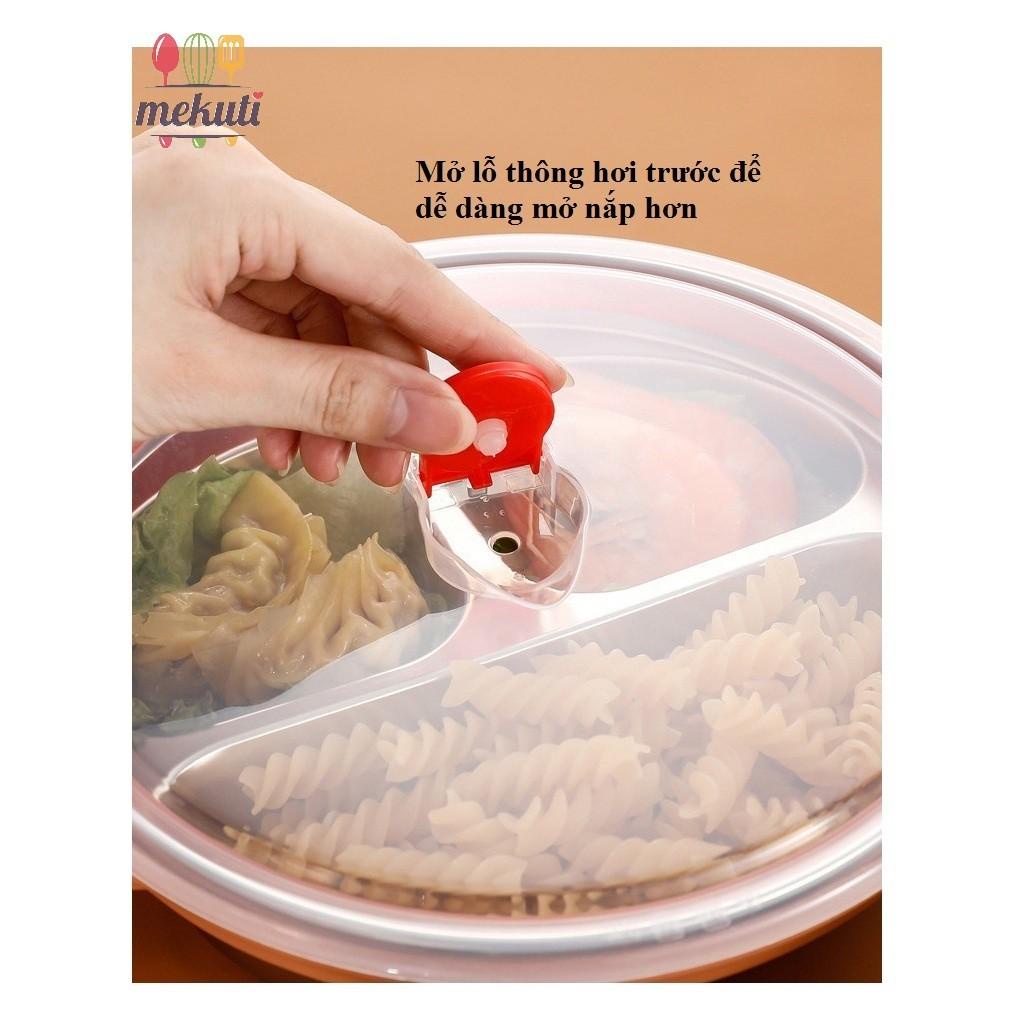 Khay ăn dặm cho bé inox 304 có nắp pp chống tràn tay cầm nhựa chống nóng, khay cơm trẻ em chia ngăn