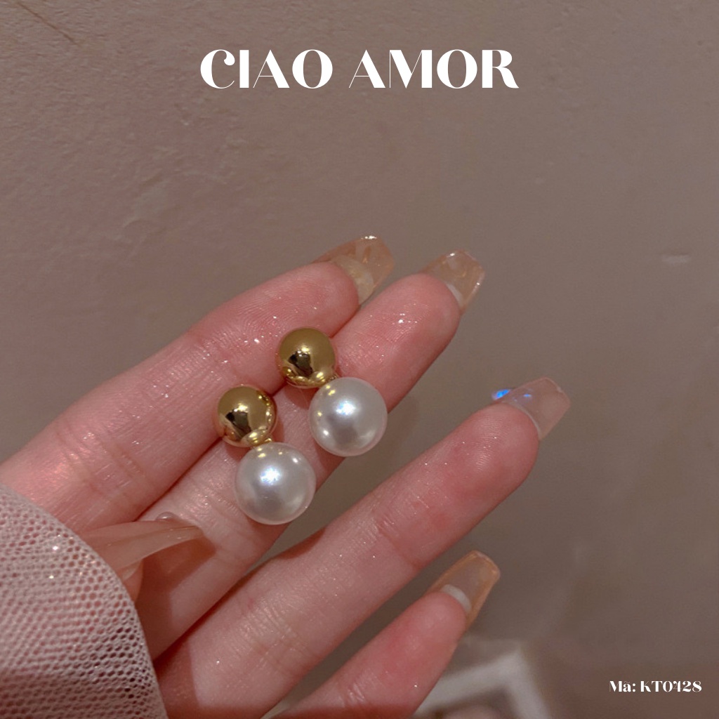 KT0428-Khuyên tai nữ, Bông tai bạc 925 ngọc tròng trên dưới dự tiệc sang trọng đơn giản