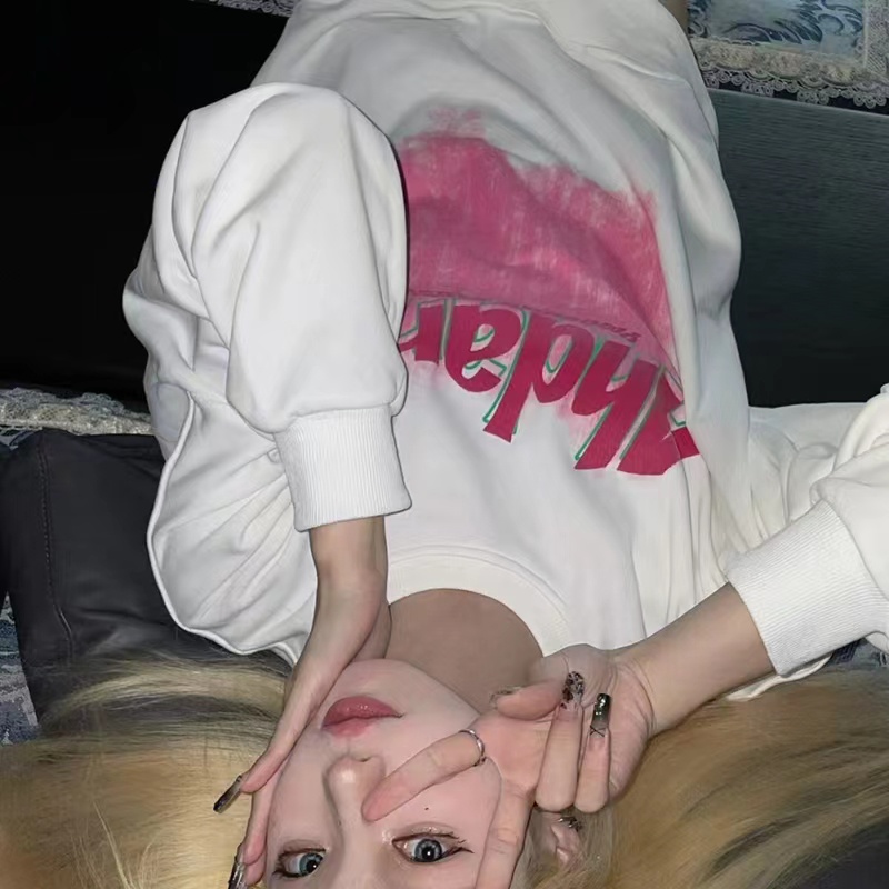 Áo sweatshirt ZHELIHANGFEI tay dài cổ tròn dáng rộng in họa tiết chữ cái thời trang trẻ trung