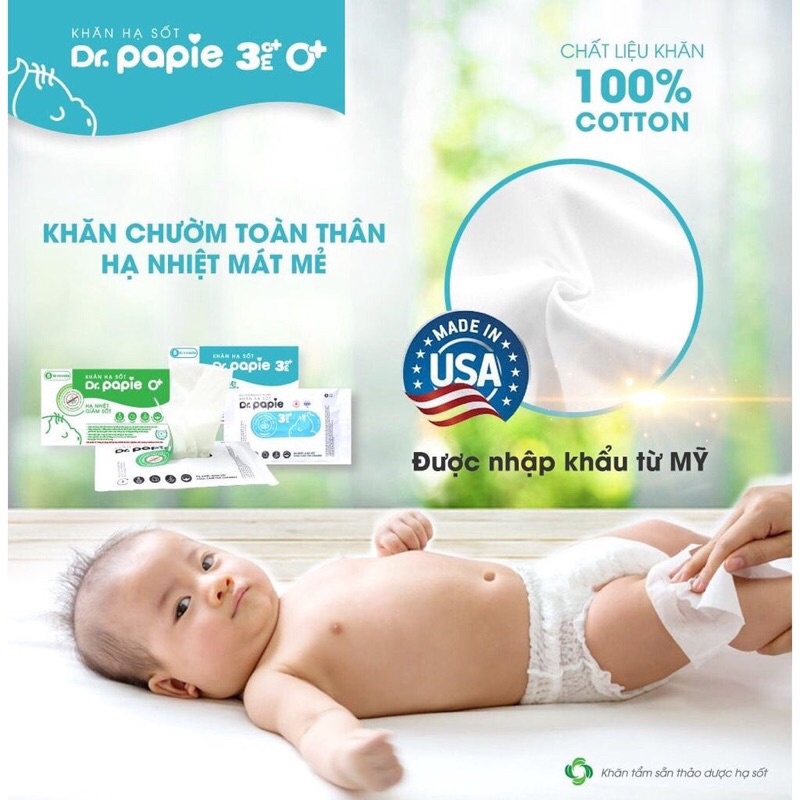 Khăn Lau Hạ Sốt Dr Papie 0+ và 3 tuổi Cho Bé Hạ Nhiệt Giảm Sốt Ngăn Ngừa Co Giật Hàng Chính Hãng - hộp 5 túi