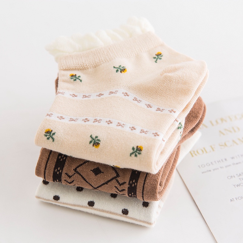 Tất nữ cổ ngắn gấu nâu , vớ nữ chất liệu cotton thoáng mát phong cách vintage - T074