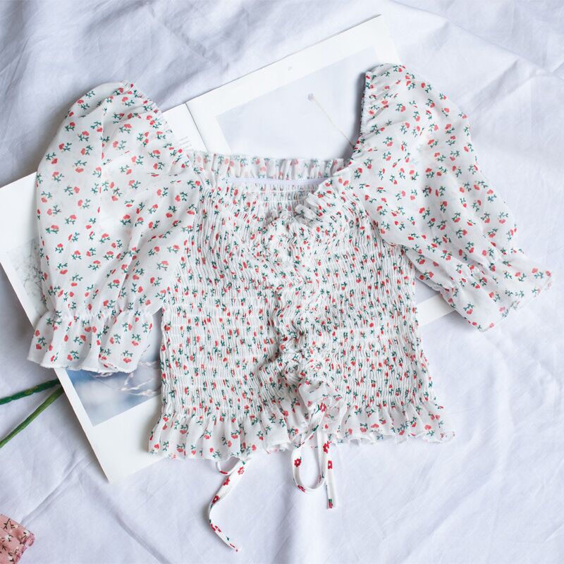 Áo kiểu chiffon nữ cổ vuông in hoa xinh xắn