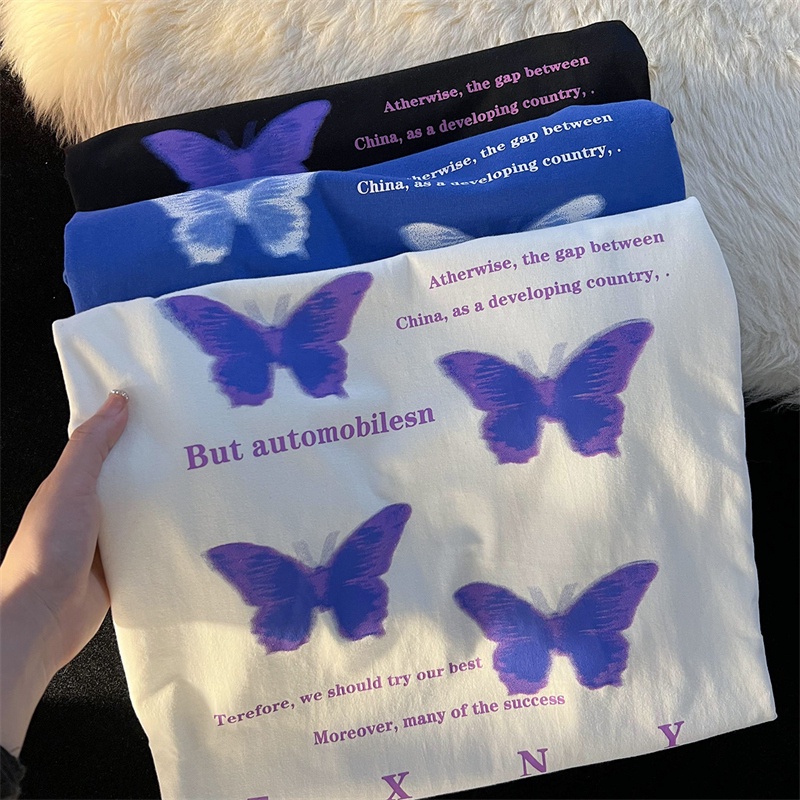 Áo thun ZHELIHANGFEI tay ngắn cổ tròn dáng rộng in hình bướm dễ phối đồ