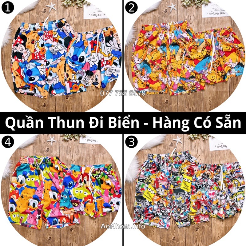 Quần Thun đi biển - Bánh nhỏ, Fastfood, Hamburger, Pizza, Ếch xanh Keroppi, Ma dâu, Xe Bus, Cây Dừa, Baby Shark, Doremon