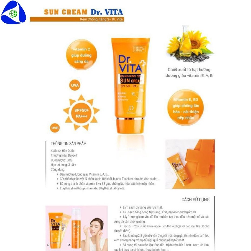 Kem chống nắng Vitamin Dr.Vita Hàn Quốc SPF 50+, PA+++ chống tia UV, bảo vệ và chống lão hóa da